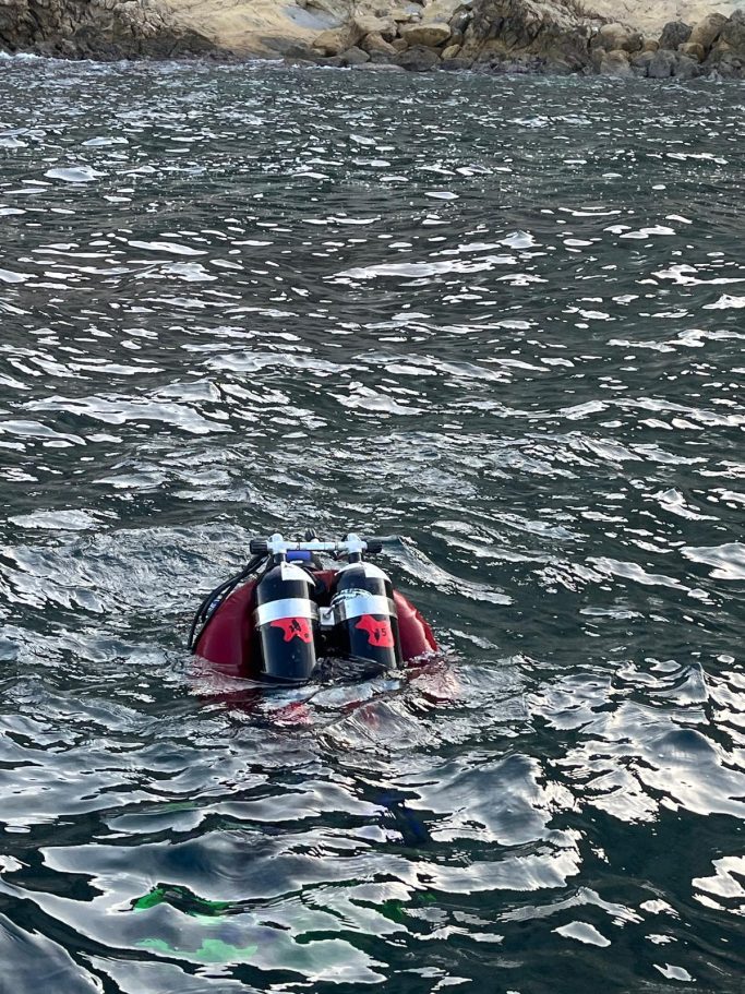 Un buceador con equipo flota sobre el agua en una zona costera.